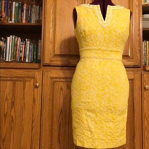 Tahari Yellow Dress with White Beaded Neckline